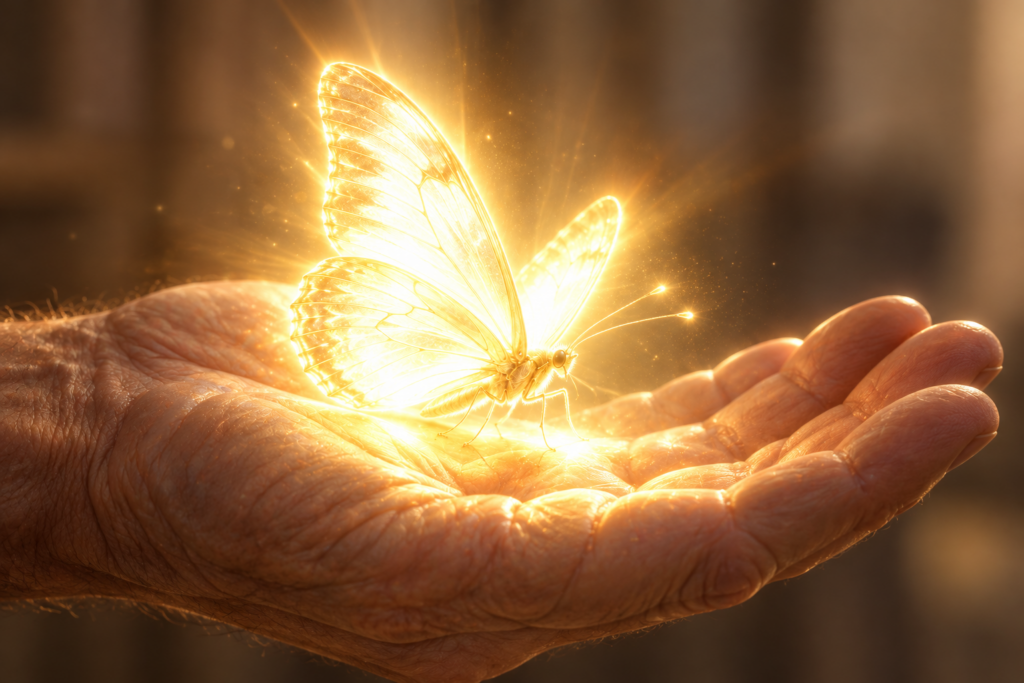 A glowing golden butterfly rests in an open hand.